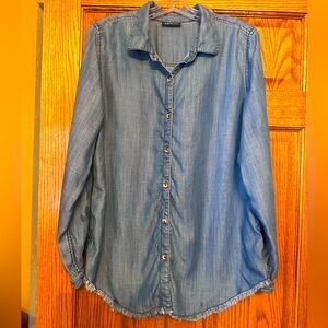 Denim Frayed Button-Up Shirt